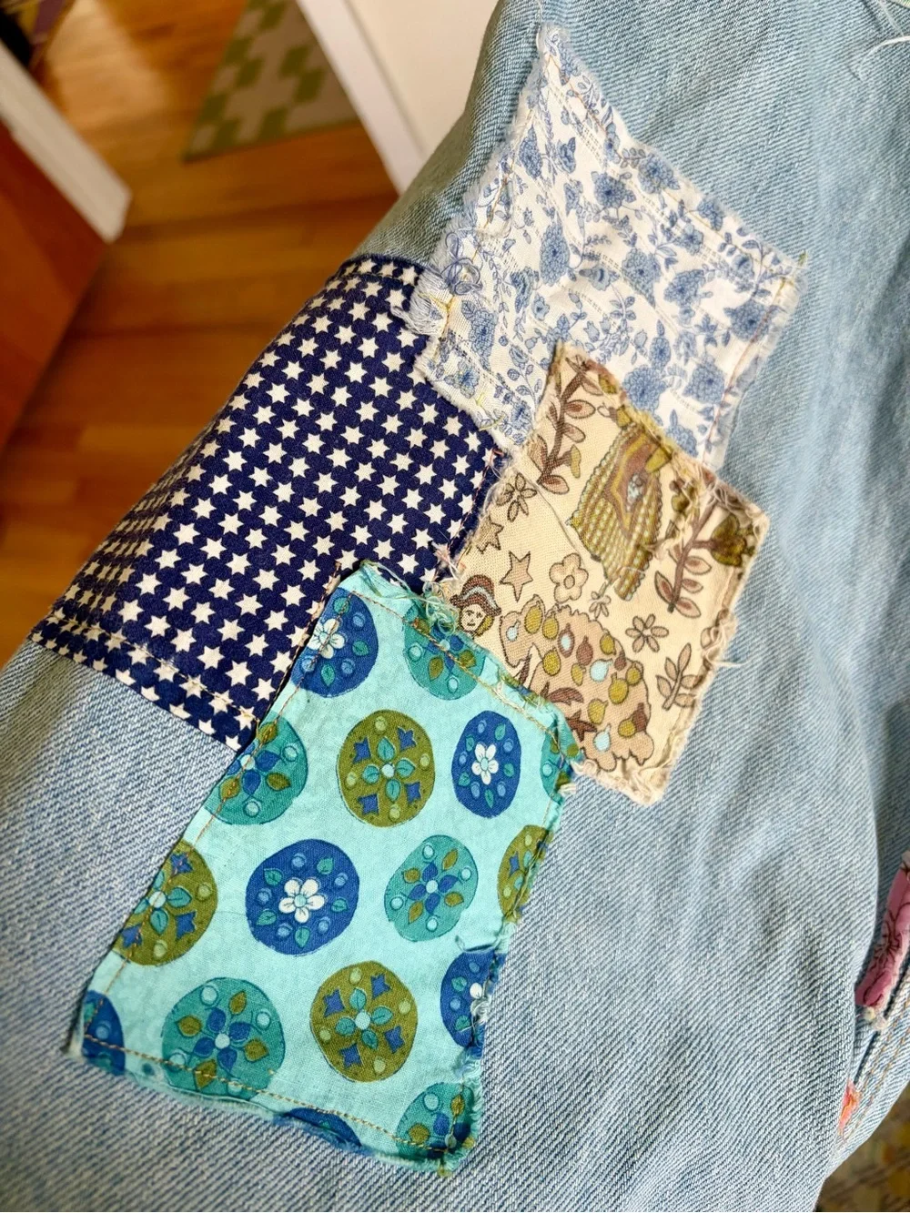 Adorable Old Navy Light Blue Denim Colorful Patchwork Overalls - Picture 11 of 13